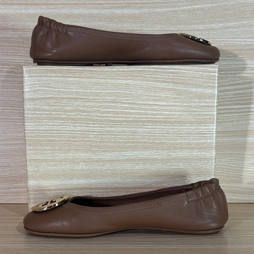 Tory Burch Tan Logo Ballet Flats Leather Round Toe Slip On 7M